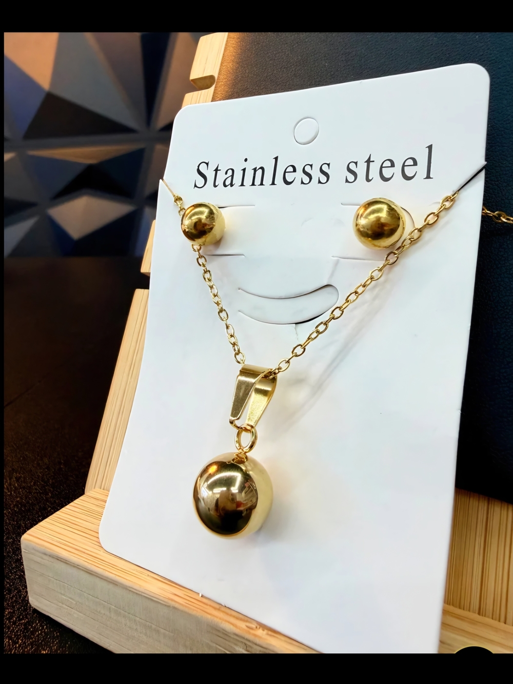 Gold Stainless Steel Ball Pendant Necklace & Stud Earrings Set